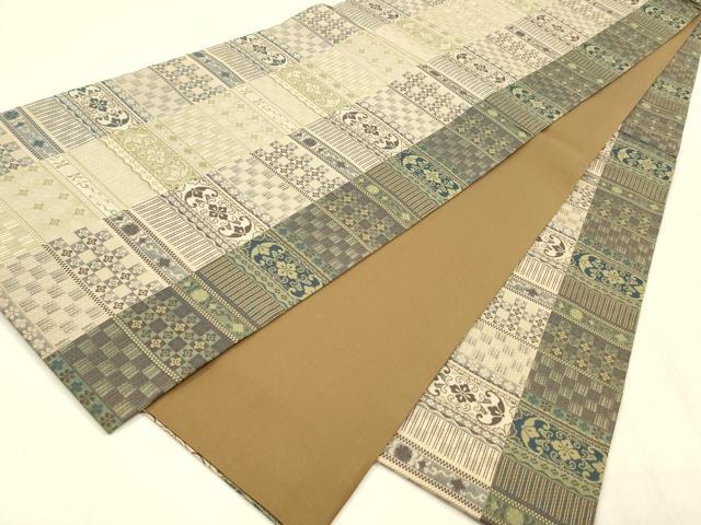 平和屋着物●全通柄袋帯　横段草花文　正絹　逸品　DABE6275cm