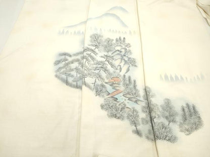 平和屋着物▼付下げ　反物　着尺　紬地　手描き　作家物　渡り橋風景文　逸品　未使用　DABE6588zy