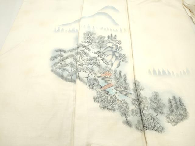 平和屋着物▼付下げ　反物　着尺　紬地　手描き　作家物　渡り橋風景文　逸品　未使用　DABE6588zy