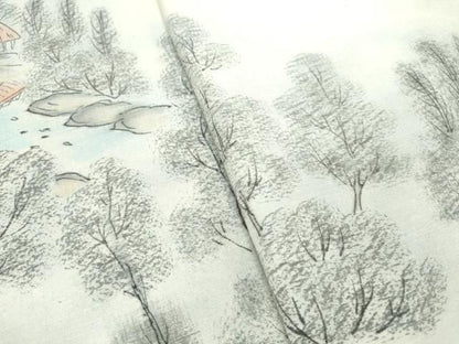 平和屋着物▼付下げ　反物　着尺　紬地　手描き　作家物　渡り橋風景文　逸品　未使用　DABE6588zy