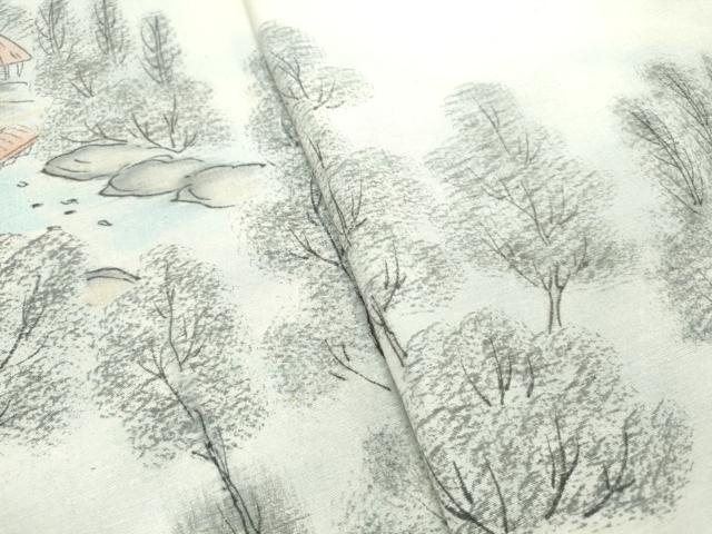 平和屋着物▼付下げ　反物　着尺　紬地　手描き　作家物　渡り橋風景文　逸品　未使用　DABE6588zy