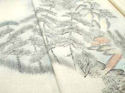 平和屋着物▼付下げ　反物　着尺　紬地　手描き　作家物　渡り橋風景文　逸品　未使用　DABE6588zy