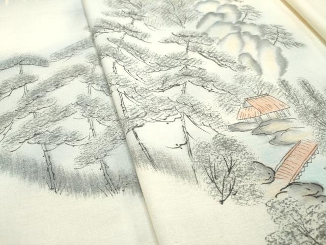 平和屋着物▼付下げ　反物　着尺　紬地　手描き　作家物　渡り橋風景文　逸品　未使用　DABE6588zy