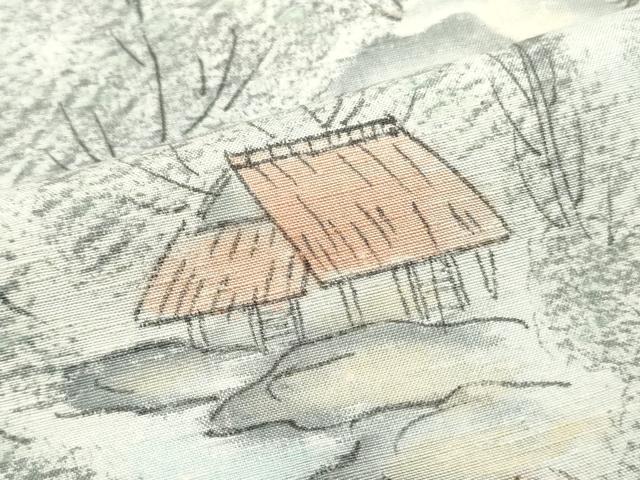 平和屋着物▼付下げ　反物　着尺　紬地　手描き　作家物　渡り橋風景文　逸品　未使用　DABE6588zy