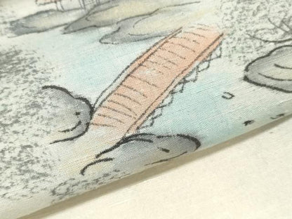 平和屋着物▼付下げ　反物　着尺　紬地　手描き　作家物　渡り橋風景文　逸品　未使用　DABE6588zy