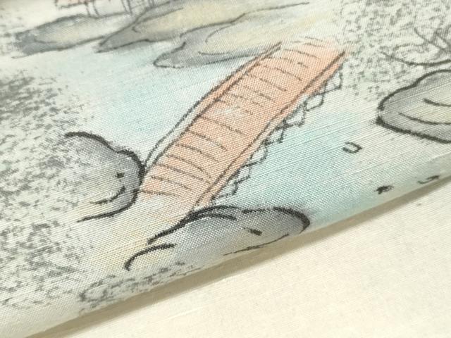 平和屋着物▼付下げ　反物　着尺　紬地　手描き　作家物　渡り橋風景文　逸品　未使用　DABE6588zy