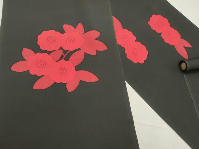 平和屋着物▼塩瀬　名古屋帯　帯反物　枝花文　黒地　逸品　未使用　DABE6667zy