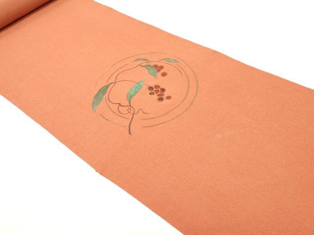 平和屋着物▼名古屋帯 帯反物 手描き 葡萄蔦の葉文 金彩 鬼しぼ縮緬 逸品 未使用 DABE6812zy