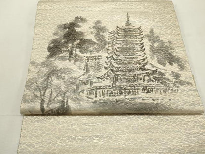 平和屋着物▼名古屋帯 帯反物 風景文 金糸 逸品 未使用 DABE6815zy