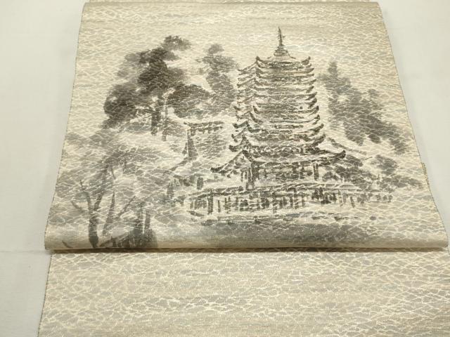 平和屋着物▼名古屋帯 帯反物 風景文 金糸 逸品 未使用 DABE6815zy