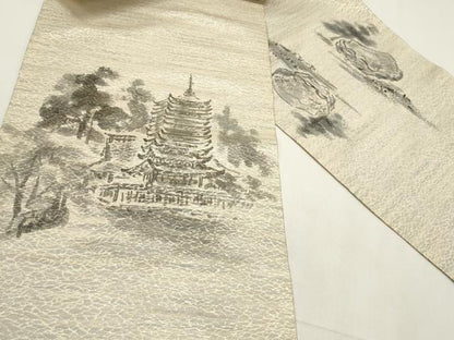 平和屋着物▼名古屋帯 帯反物 風景文 金糸 逸品 未使用 DABE6815zy