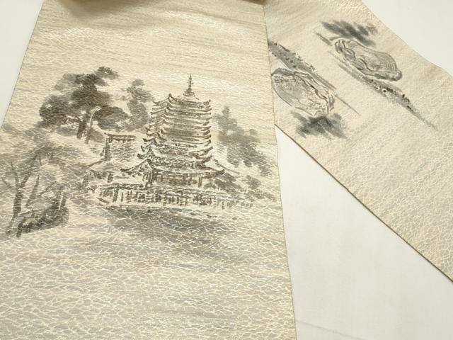 平和屋着物▼名古屋帯 帯反物 風景文 金糸 逸品 未使用 DABE6815zy