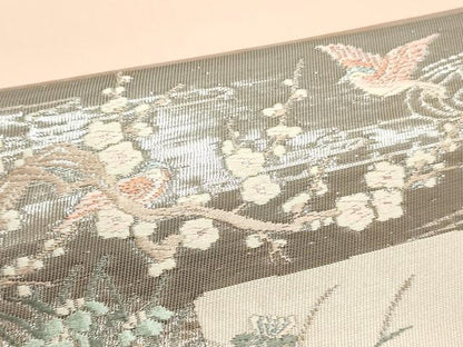 平和屋着物▼西陣　よこくに謹製　名古屋帯　帯反物　唐織　横段花鳥文　プラチナ箔　証紙付き　逸品　未使用　DABE6826zy