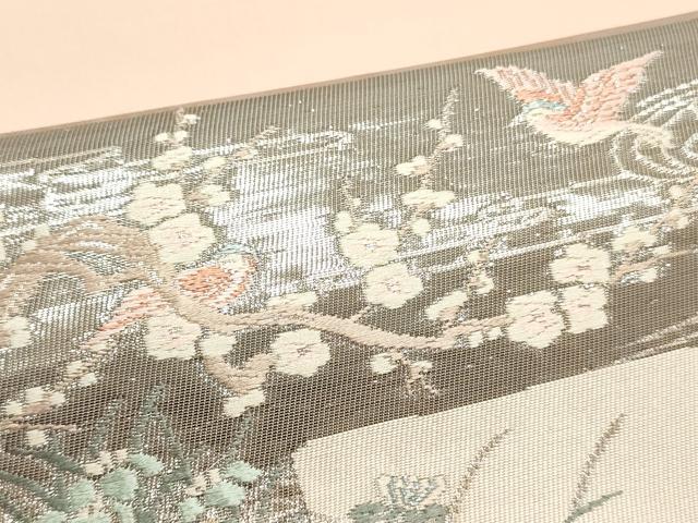 平和屋着物▼西陣　よこくに謹製　名古屋帯　帯反物　唐織　横段花鳥文　プラチナ箔　証紙付き　逸品　未使用　DABE6826zy