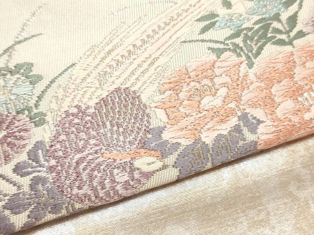 平和屋着物▼西陣　よこくに謹製　名古屋帯　帯反物　唐織　横段花鳥文　プラチナ箔　証紙付き　逸品　未使用　DABE6826zy