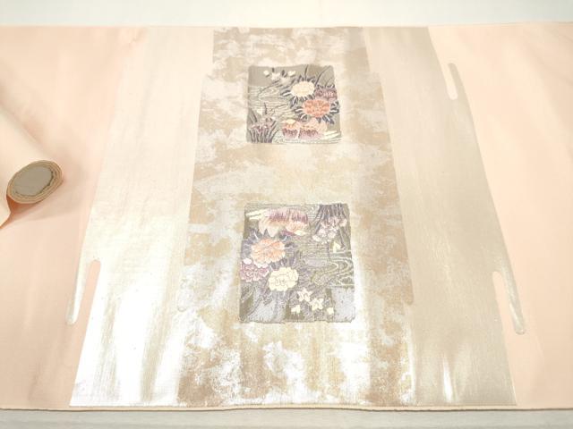 平和屋着物▼西陣　よこくに謹製　名古屋帯　帯反物　唐織　横段花鳥文　プラチナ箔　証紙付き　逸品　未使用　DABE6826zy