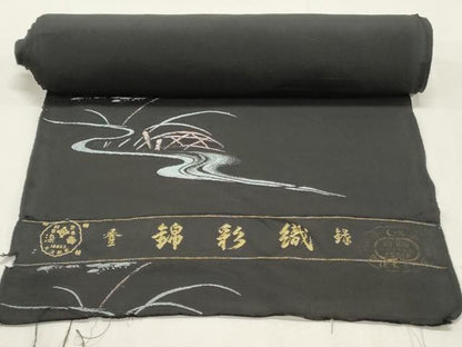 平和屋着物▼羽織・コート　反物　羽尺　錦彩織　流水籬草花文　黒地　逸品　DABE6868zy
