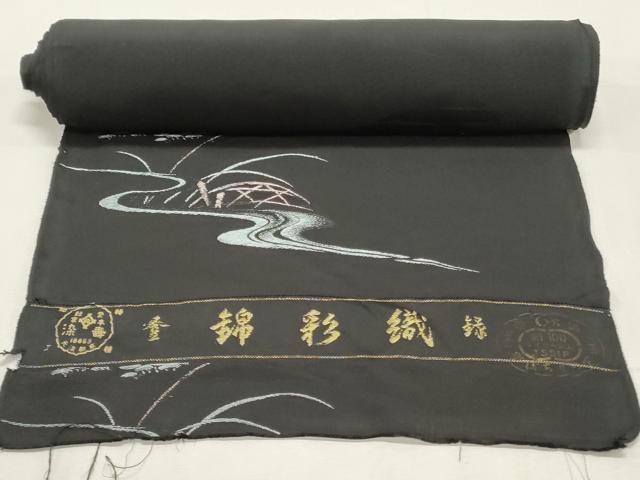 平和屋着物▼羽織・コート　反物　羽尺　錦彩織　流水籬草花文　黒地　逸品　DABE6868zy