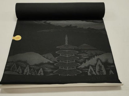 平和屋着物▼西陣　名古屋帯　黒反物　帯反物　風景地紋　証紙付き　逸品　未使用　DABE6944zy