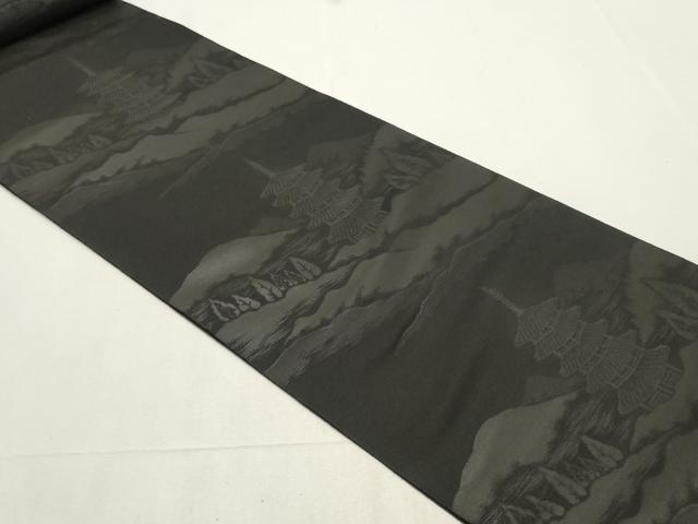 平和屋着物▼西陣　名古屋帯　黒反物　帯反物　風景地紋　証紙付き　逸品　未使用　DABE6944zy