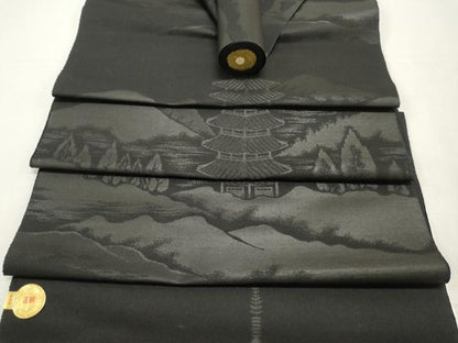 平和屋着物▼西陣　名古屋帯　黒反物　帯反物　風景地紋　証紙付き　逸品　未使用　DABE6944zy
