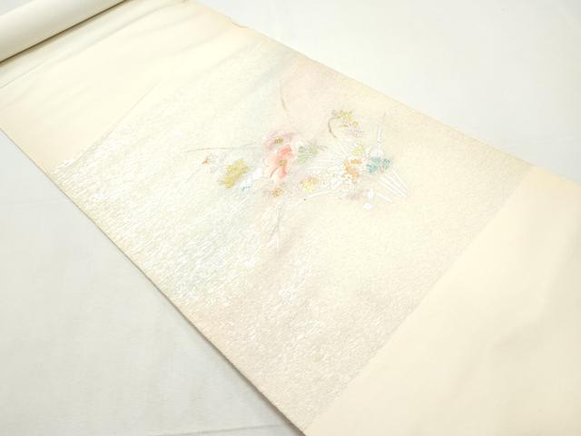 平和屋着物▼西陣　田中義織物謹製　名古屋帯　帯反物　刺繍　草花文　金銀彩　証紙付き　逸品　未使用　DABE6952zy