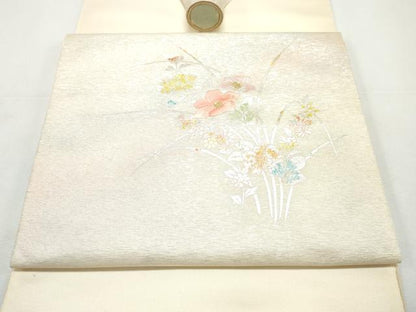 平和屋着物▼西陣　田中義織物謹製　名古屋帯　帯反物　刺繍　草花文　金銀彩　証紙付き　逸品　未使用　DABE6952zy