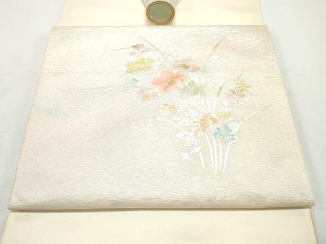 平和屋着物▼西陣　田中義織物謹製　名古屋帯　帯反物　刺繍　草花文　金銀彩　証紙付き　逸品　未使用　DABE6952zy