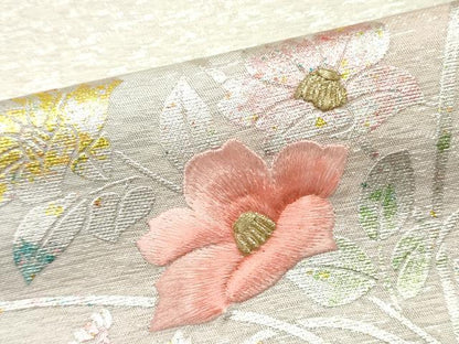 平和屋着物▼西陣　田中義織物謹製　名古屋帯　帯反物　刺繍　草花文　金銀彩　証紙付き　逸品　未使用　DABE6952zy