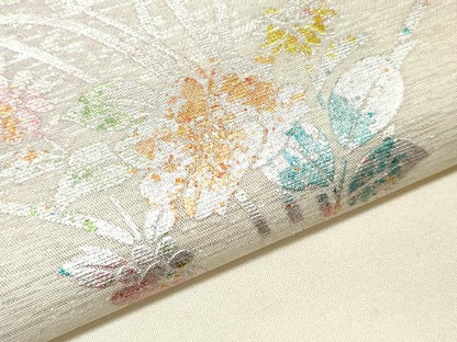 平和屋着物▼西陣　田中義織物謹製　名古屋帯　帯反物　刺繍　草花文　金銀彩　証紙付き　逸品　未使用　DABE6952zy