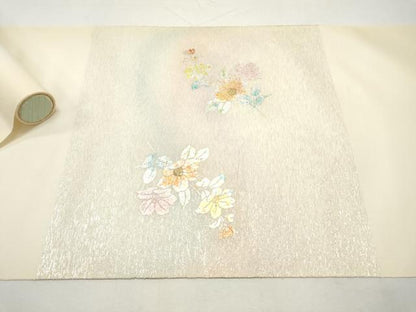 平和屋着物▼西陣　田中義織物謹製　名古屋帯　帯反物　刺繍　草花文　金銀彩　証紙付き　逸品　未使用　DABE6952zy
