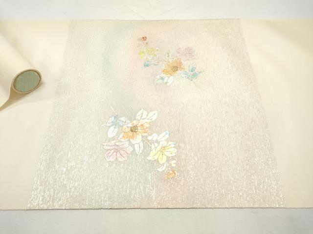 平和屋着物▼西陣　田中義織物謹製　名古屋帯　帯反物　刺繍　草花文　金銀彩　証紙付き　逸品　未使用　DABE6952zy