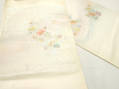 平和屋着物▼西陣　田中義織物謹製　名古屋帯　帯反物　刺繍　草花文　金銀彩　証紙付き　逸品　未使用　DABE6952zy