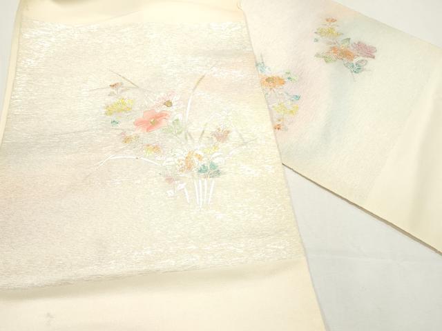 平和屋着物▼西陣　田中義織物謹製　名古屋帯　帯反物　刺繍　草花文　金銀彩　証紙付き　逸品　未使用　DABE6952zy