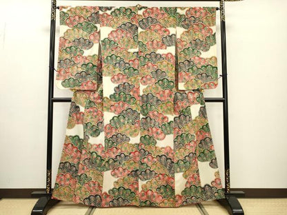 平和屋着物■上質な小紋 型染め 松葉文 鬼しぼ縮緬 正絹 逸品 DABE6978zy