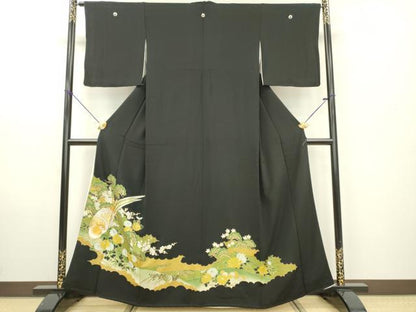 平和屋着物■豪華黒留袖 刺繍 尾長鳥草花文 金彩 正絹 逸品 DABE6986zy