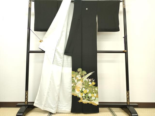 平和屋着物■豪華黒留袖 刺繍 尾長鳥草花文 金彩 正絹 逸品 DABE6986zy