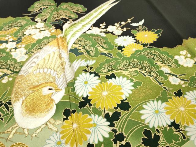 平和屋着物■豪華黒留袖 刺繍 尾長鳥草花文 金彩 正絹 逸品 DABE6986zy