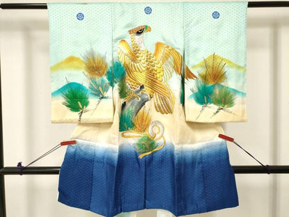 平和屋着物[]お宮参り　男の子　祝着　産着　初着　のしめ　刺繍　鷹　鷲　松文　暈し染め　金彩　逸品　DABE7002ma