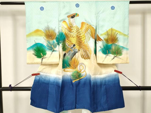 平和屋着物[]お宮参り　男の子　祝着　産着　初着　のしめ　刺繍　鷹　鷲　松文　暈し染め　金彩　逸品　DABE7002ma