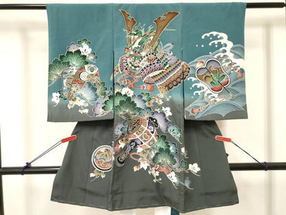 平和屋着物[]お宮参り　男の子　祝着　産着　初着　のしめ　龍　兜　立波松文　暈し染め　逸品　DABE7003ma