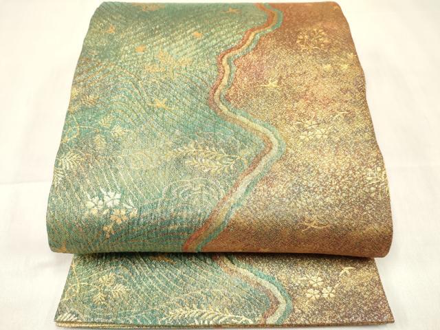 平和屋着物[]女の子　子供　佐賀錦　全通柄袋帯　立波花鳥文　金糸　逸品　DABE7009ma