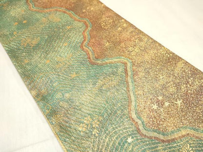 平和屋着物[]女の子　子供　佐賀錦　全通柄袋帯　立波花鳥文　金糸　逸品　DABE7009ma