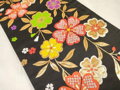 平和屋着物[]女の子　子供　全通柄袋帯　枝垂れ桜文　黒地　金糸　逸品　DABE7010ma