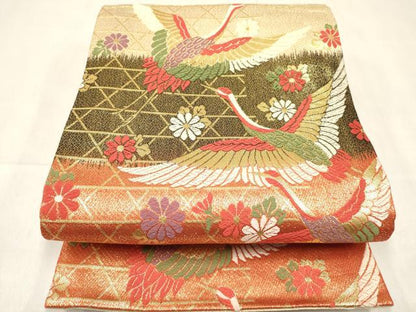 平和屋着物[]女の子　子供　佐賀錦　全通柄袋帯　飛鶴花文　金糸　逸品　DABE7012ma