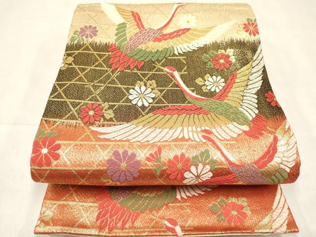 平和屋着物[]女の子　子供　佐賀錦　全通柄袋帯　飛鶴花文　金糸　逸品　DABE7012ma