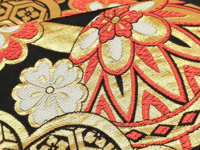 平和屋着物[]女の子　子供　全通柄袋帯　鞠花文　黒地　DABE7014ma