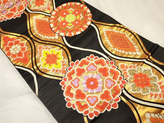 平和屋着物[]女の子　子供　佐賀錦　全通柄袋帯　立涌花文　黒地　金糸　逸品　DABE7015ma