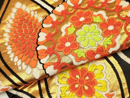 平和屋着物[]女の子　子供　佐賀錦　全通柄袋帯　立涌花文　黒地　金糸　逸品　DABE7015ma