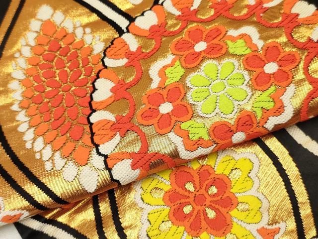 平和屋着物[]女の子　子供　佐賀錦　全通柄袋帯　立涌花文　黒地　金糸　逸品　DABE7015ma